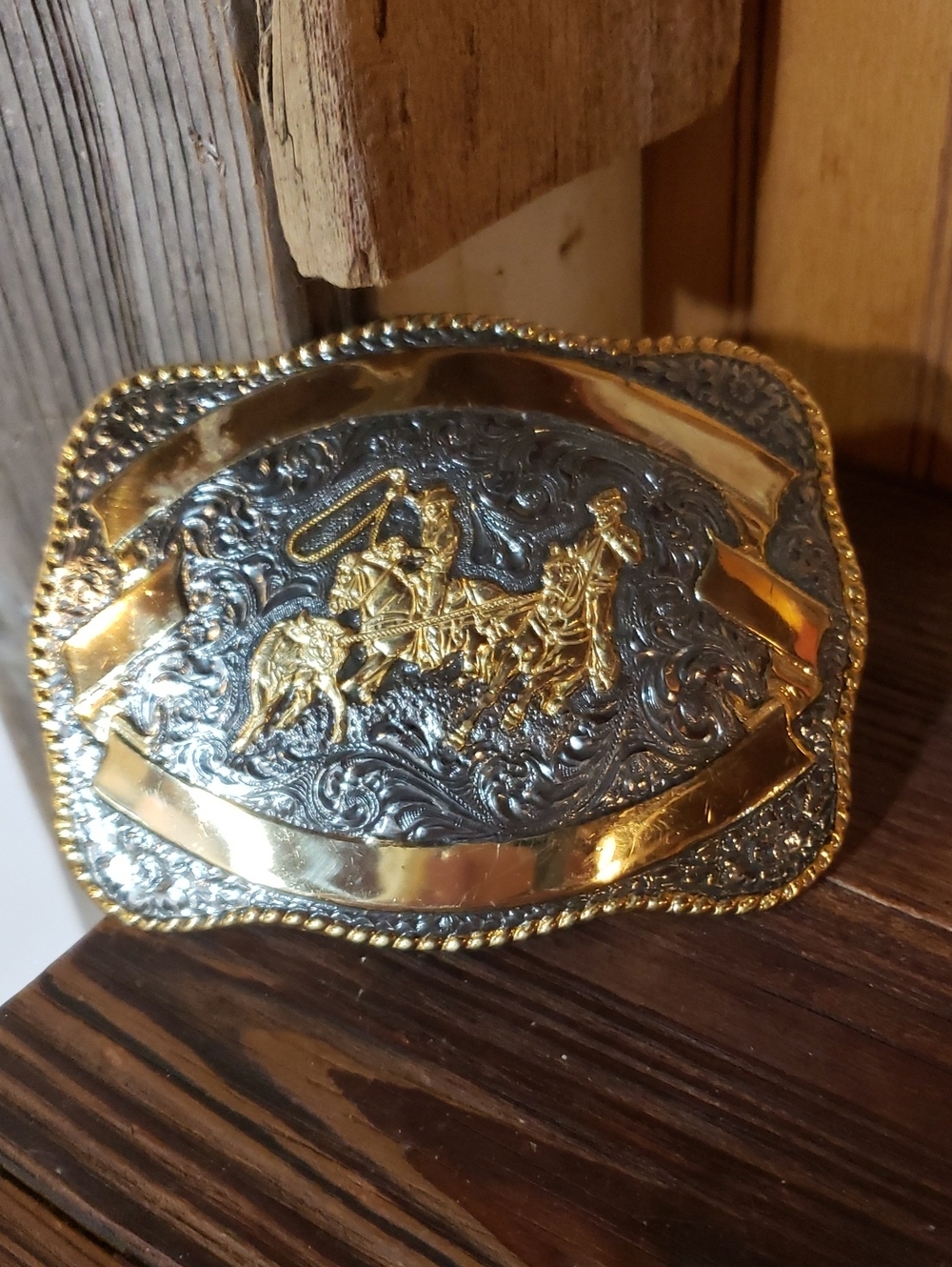 Crumrine Belt Buckle Team Roping Heavy Silver Gold Plated Detail 4.5inx3.5
